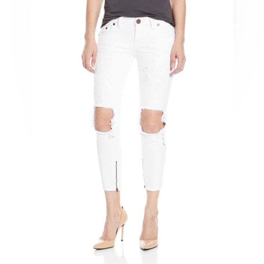 One Teaspoon White Freebirds Skinny Jeans Distressed Straight leg Ankle Zip